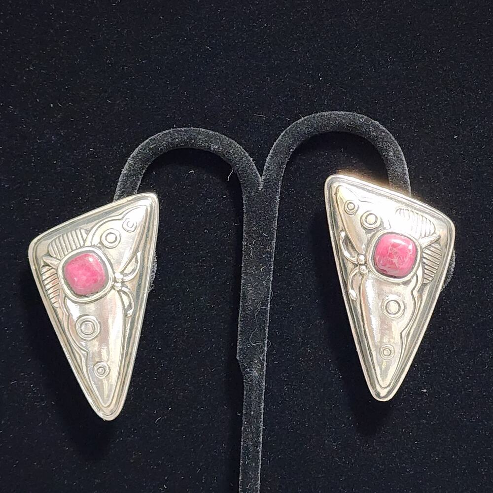 Triangular Butterfly Red Jadeite Clip On Earrings Silver Vintage Laurel Burch